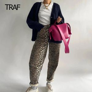 Calças femininas leopardo impressão 2024 primavera calças baggy cintura alta casual calças retas streetwear