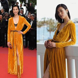 Casual Dresses Cannes Film Festival Runway Style Supermodell Single Breasted Yellow Matching Dress with Velvet V-Neck Ultra Long