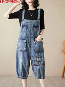 Women's Jeans Retro Embroidered Denim Overalls Summer Harem 2024 Casual Fashion Versatile Loose Knee Length One Piece Pants