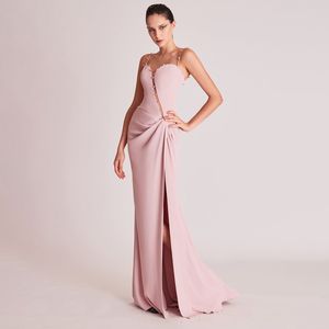 Pink Spaghetti Strap Evening Dresses Pick-ups Side Split Mermaid Formal Gown Pearls Satin Womens Special Occasion Dress