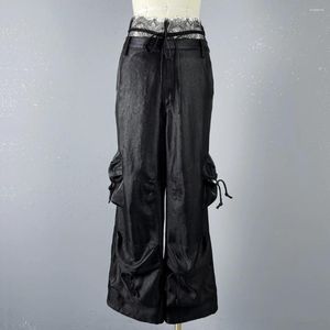 Women's Pants 2024 Spring/Summer Wear Black Split Piano Pocket Lace Wide-Leg 0302