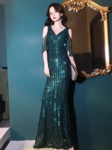 Green Sequin Evening Dresses V Neck Off shoulder Women Elegant Mermaid Maxi Prom dress Party Gown Abendkleider Robe De Soiree Vestidos