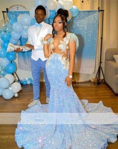 Long Dimonds Sky Blue Prom Dresses Mermaid Sparkly Rhinestones Crystals Feathers Sequins For Black Girls Birthday Party Gown