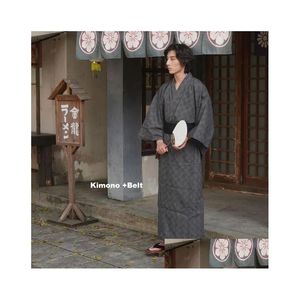 Ethnic Clothing Japanese Traditional Costumes For Men Kimono Yukata Plaid Robe Male Fashion Classic Outfit Spa Bathrobe Black Gray Sof Dhlje