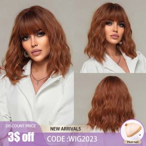 Wigs Short Curly Bob Wigs with Bangs Copper Brown Synthetic Wig Water Wave Hair for White Black Women Daily Party Use Heat Resistant