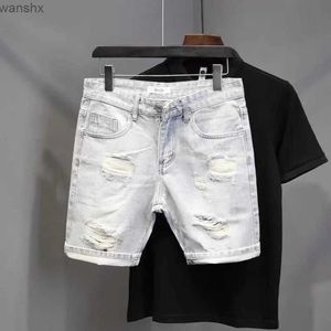 Jeans masculinos 2022 coreano retro japonês solto em linha reta denim shorts calças casuais para meninos branco curto lágrima hip hop jeansl2404