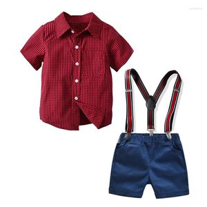 Set di abbigliamento 2-7 anni Vestiti per neonato Camicia a quadri rossa Pantaloncini Nary con reggicalze Abiti per bambini Casual Gentleman Wedding Boys