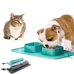 크로스 테두리 애완 동물 실리콘 접이식 그릇 안티 슬립 개 더블 그릇 플러시 가방 개 그릇 야외 애완 동물 휴대용 고양이 그릇 음식
