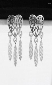 Studörhängen 925 Sterling Silver Spiritual Feather for Women Girls Dream Catcher Love Heart Kvinnliga smycken7295546