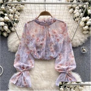 Womens Blouses Shirts Spring Casual Chiffon Blouse For Women Floral Print Stand Collar Long Puff Sleeve French Chic Female Blusa Drop Dh04Q