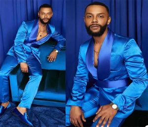 Twopiecs Men Suits Silk Satin Tuxedos Summer Party Wear Fit Fashion Blue Business For Man Peaked Lapel Blazer Suit4041398