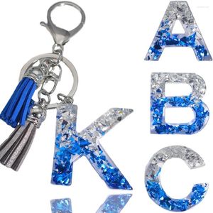 Nyckelringar dubbel Tassel A-Z Inledande bokstav Key Chain Blue Silver Färgskräp Fyllningshartsring för kvinnor Girl Handbag Ornament