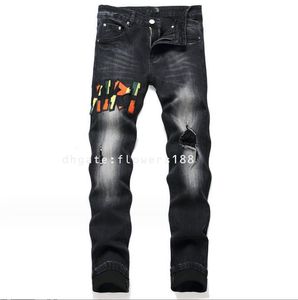 AM Men's Jeans 2024 New Street Black Hole Embroidered Badge Small Foot Stretch Men's Mid-Rise Jeans Trendy Denim Jeans For Women Denim Jeans Miri jeans