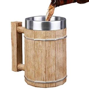 Muggar handgjorda träfat öl mugg eko vänlig imitation trä rostfritt stål viking kopp hink formad cocktail för drycker
