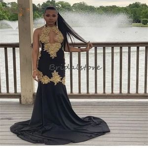 Stunning Black Evening Dress With Gold Lace Halter Neck Mermaid Prom Dresses Elegant Satin Black Girls Birthday Formal Party Dress 2024 robe de soiree femmes