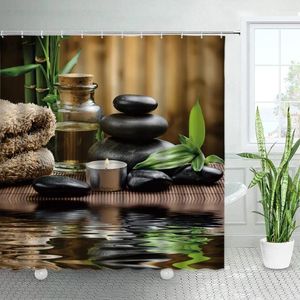 Duschgardiner Zen Green Bamboo Black Stones och Spa Japanese Garden Scenery Bath Curtain Polyester Tyg Badrumdekor
