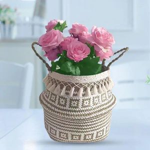 Storage Bottles Double Layer White Tassel Macrame Woven Seagrass Belly Basket For Decoration Laundry Picnic Plant Basin Cover Groce