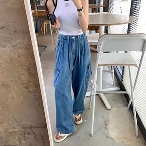 Women's Jeans WDMSNA French Vintage Loose Casual Summer Lace Up Wide Leg Denim Pants High Waist Pocket Woman