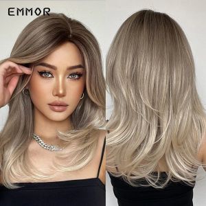 Peruker emmor syntetiska långa vågor peruker ombre svart till blond peruk för kvinnor naturlig värmebeständig fiber daglig cosplay hår peruk