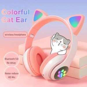 Earphones Cute Cat Ears Headphones Bluetooth Wireless Gaming Headset with Flashing LED Light Pink Stereo Music Earbud for Kids Girls Gift