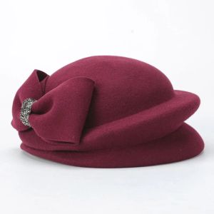Elegant French Style Women Wool Berets Tam Winter Hats Rhinestone Bowler Hat Artist Boina Bowknot Cap Ladies Fascinator Hat