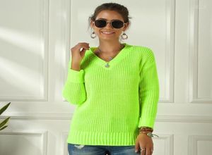 Women039s Sweters Woman039s SWEATER Women Knitting Green Fuchsia Pink Solid Vneck Pullovers Długie swobodne luźne akrylowe Knit2176438