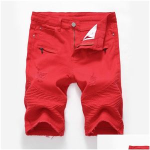 Mens Shorts Sólidos Elásticos Rasgados Jeans Curtos Oco Out Bermuda Verão Vermelho Morreu Buraco Cowboys Na Altura Do Joelho Denim Masculino Drop Delivery Appa Dha6J