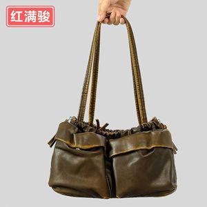 Large capacity multi pocket shoulder bag for women's vintage soft leather motorcycle bag, niche pleated tote bag 240402