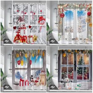 Shower Curtains Christmas Cute Snowman Gift Xmas Tree Window Winter Forest Landscape Year Home Bathroom Decor Set With Hooks