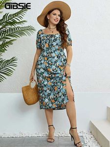 Urban Sexy Dresses GIBSIE Plus Size Floral Print Knot Front Puff Slive Dress Womens Summer 2023 Bohemian Holiday Elastic Waist Swt Split Long Dress Y240402