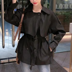 Women Trench Coats Ftlzz Spring Women Eleganckie obrońce z podwójnym piersi Chicka Vintage Pockets Slim Khaki Czarny płaszcz z paskiem D DH4BX