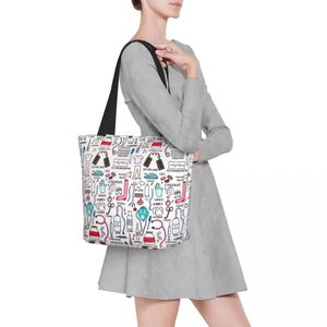 NOISYDESIGNS Reusable Shopping Shopper Bag Canvas Cartoon Nurse Pattern Casual Tote for Women Girls Book Travel Zipper Purse 240323