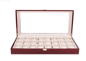 Titta på lådor Fall 24 Slots Red Bright Lacquer Trälåda Arrangör Luxury Stora smycken Display Storage Box CUDIONS FALL WOD GIF1051930