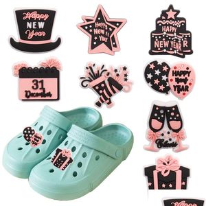 Accessori per parti di scarpe Commercio all'ingrosso 100 pezzi in PVC Felice anno nuovo Torta regalo Palloncino Stella Cheer Champagne Charms Adt Fibbia Decorazioni per Dhdb4