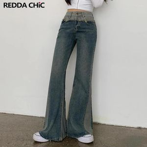 Kvinnors jeans reddachic vintage lapptäcke flare kvinnor koreanska stilfull kontrast färg bootcut byxor hög stigande byxor damer klocka bottnar