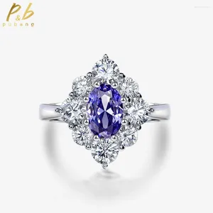 Anéis de cluster Pubang Fine Jewelry 925 Sterling Silver Luxo Azul Oval Sapphire Diamond Ring Criado Moissanite para Mulheres Presente de Festa