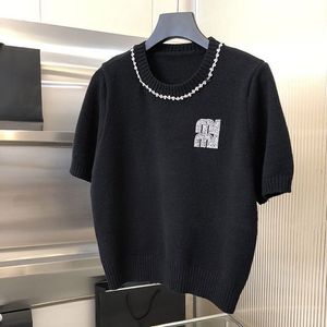 Ny design Kvinnors o-hals Kort ärm Rhinestone Letter Mönster Vit färg stickade tees SMLXL