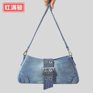 Tatlı ve havalı baharatlı kız denim koltuklu çanta, dişi perçin zinciri çantası, niş üst düzey hissi tek omuz crossbody çantası 240402