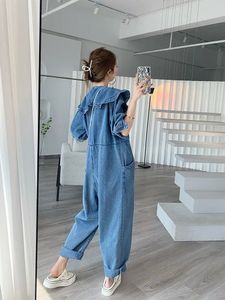 Jumpsuits Women Fashion Autumn Spring Jeans Doll Collar Solid Full Length High Waist Loose Jump Suits for Women 240328