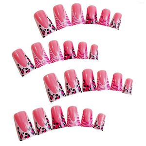 Falsas unhas 24 pcs francês rosa prego removível artificial com dicas de leopardo para mulheres manicure decoração