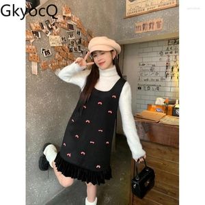 Vestidos de trabalho Gkyocq moda coreana mulheres dois conjuntos de peças meia gola alta manga comprida camisola de malha cinta arco preto uma linha vestido curto