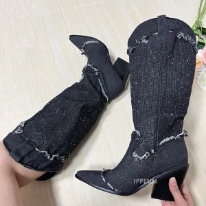 Boots IPPEUM Denim Fabric Cowboy Boots Rhinestone Knee High Chunky Heel Black Western Cowgirl Shoes For Women Plus Size 43 Hot Selling