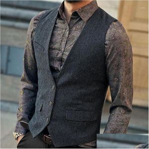 Herrenwesten Graues Fischgrätenmuster T-Kleid Weste Retro Vintage Gentleman Weste Männer Formales Geschäft Ärmelloses männliches Gilet 3XL1 Drop Deliver DHN1E