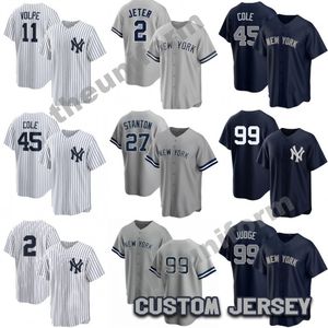 Custom S-6xl Novo 45 Gerrit Cole 2 Derek Jeter 48 Anthony Rizzo 99 Aaron Juiz Jersey Yankees Homens Mulheres Juventude York Stitched