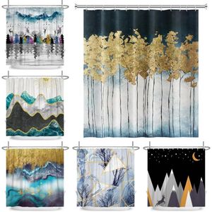 Shower Curtains Nordic Style Art Painting Curtain Elk Forest Geometric Texture Sun And Moon Bathroom Decoration Printed