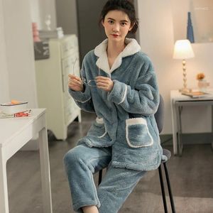 Home Clothing Long Sleeves Lapel Nightwear Shirt Pant 2Pcs Pajamas Sets Homewear Coral Velvet Cardigan Flannel Sleep Suit