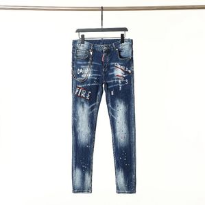 Jeans masculinos europeus e americanos designer de luxo jeans fino ajuste elástico bordado calças moda balanço pintura roupas masculinas