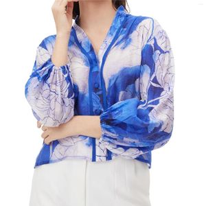 Blusas femininas primavera verão seda manga longa floral tie dye azul topo casual férias tie-dye camisas para mulher solta workwear camisa