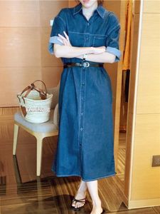 Party Dresses 2024 Summer Blue Jeans Chic Korean Temperament Lady Women Long Maxi Solid Black Single Breasted Button Belt Denim Shirt Dress