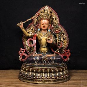 Dekorativa figurer 32 cm kinesiska forntida rena koppar tibetansk målning med flera ädelstenar och bakgrundsbelyst Manjuushri Buddha -staty